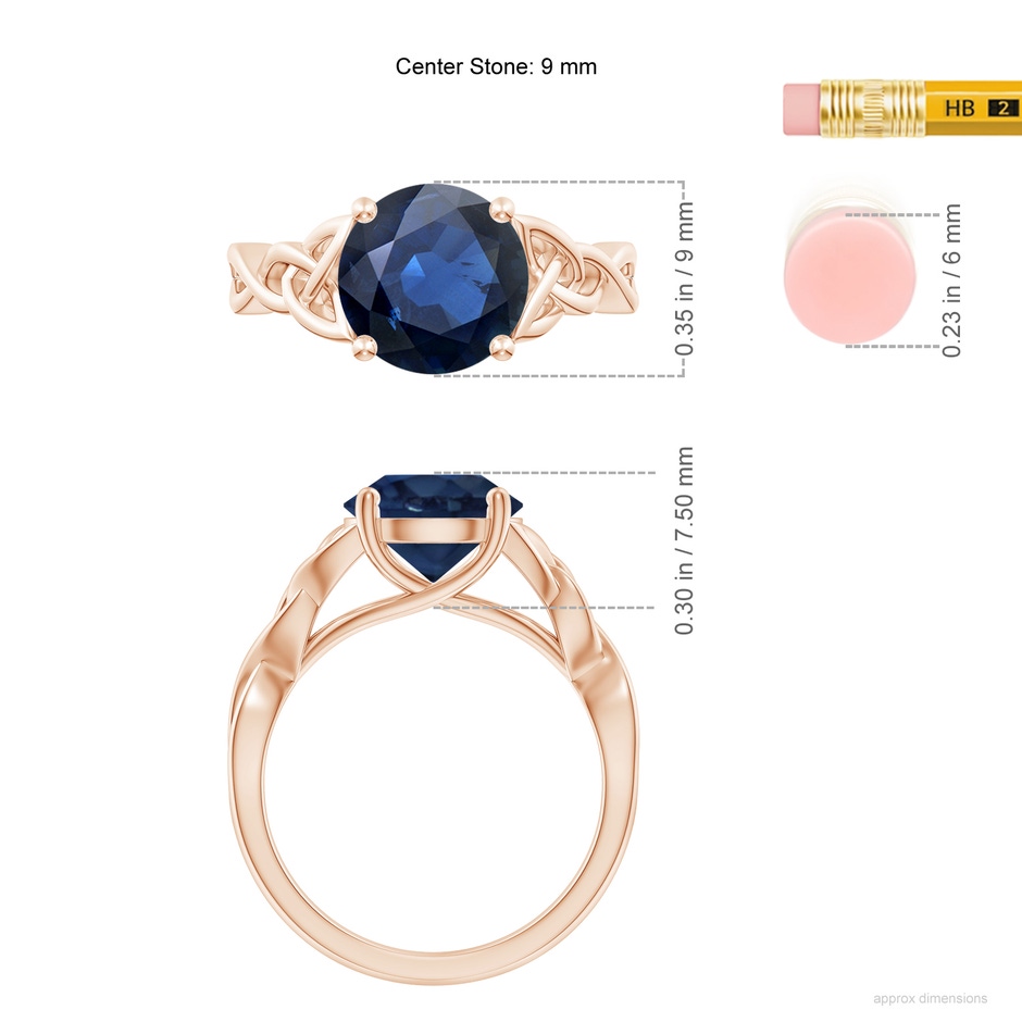 9mm AA Round Blue Sapphire Celtic Knot Engagement Ring in 18K Rose Gold ruler