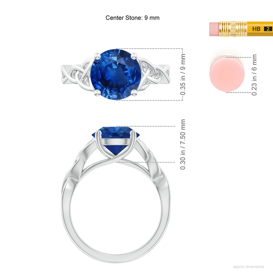 9mm AAA Round Blue Sapphire Celtic Knot Engagement Ring in P950 Platinum ruler