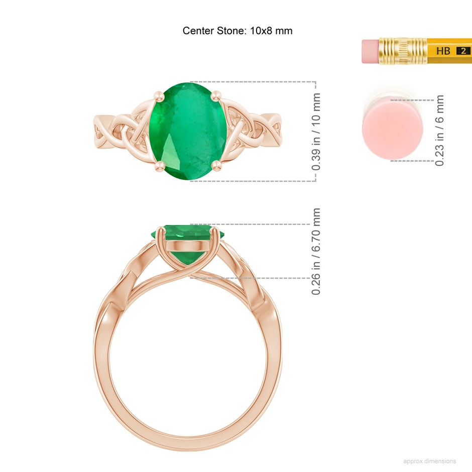 10x8mm A Oval Emerald Celtic Knot Engagement Ring in Rose Gold ruler