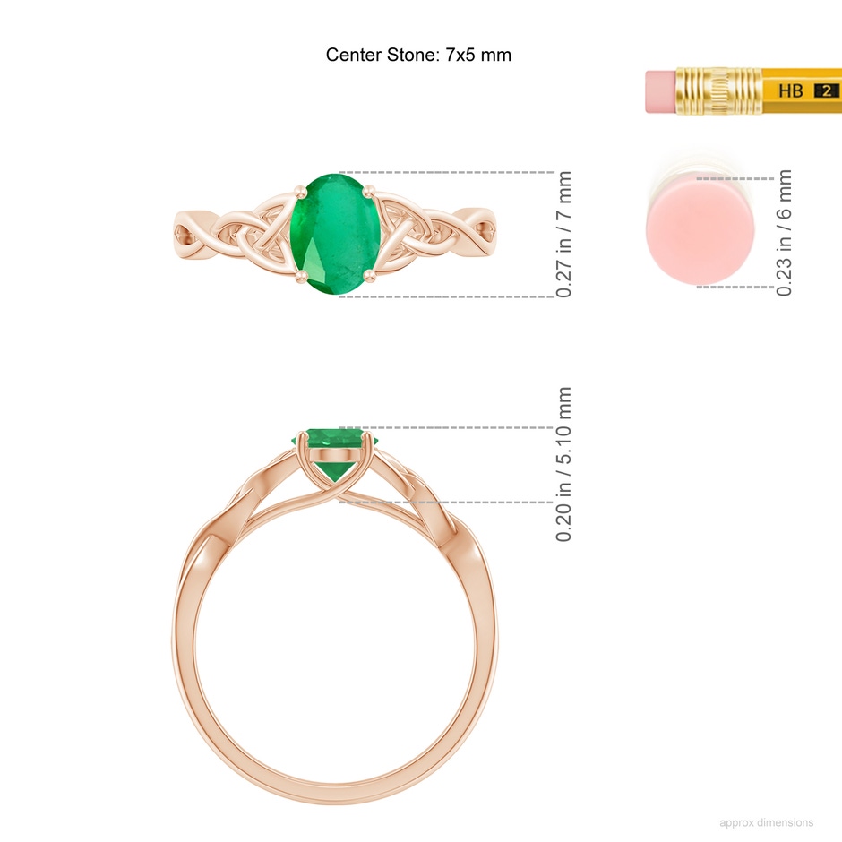 7x5mm A Oval Emerald Celtic Knot Engagement Ring in Rose Gold ruler