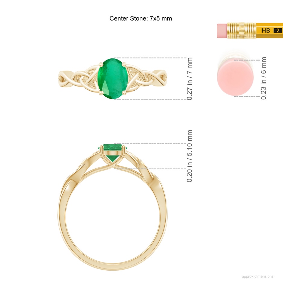 7x5mm A Oval Emerald Celtic Knot Engagement Ring in Yellow Gold ruler