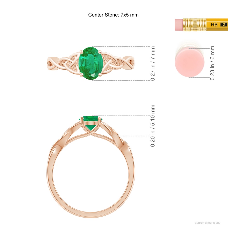 7x5mm AA Oval Emerald Celtic Knot Engagement Ring in Rose Gold ruler