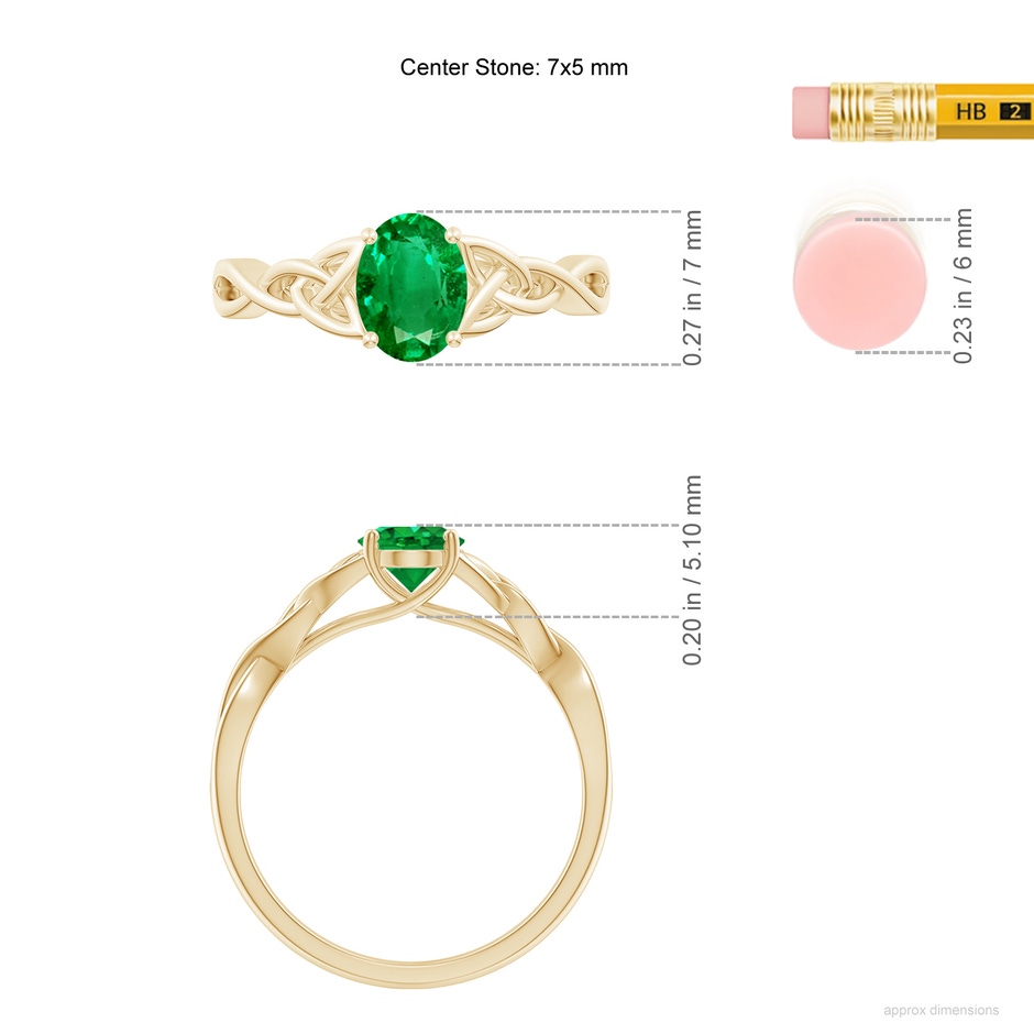 7x5mm AAA Oval Emerald Celtic Knot Engagement Ring in Yellow Gold ruler