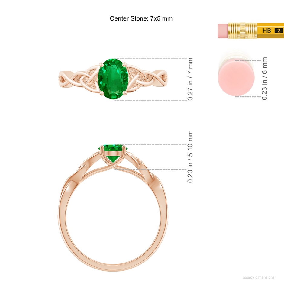 7x5mm AAAA Oval Emerald Celtic Knot Engagement Ring in Rose Gold ruler