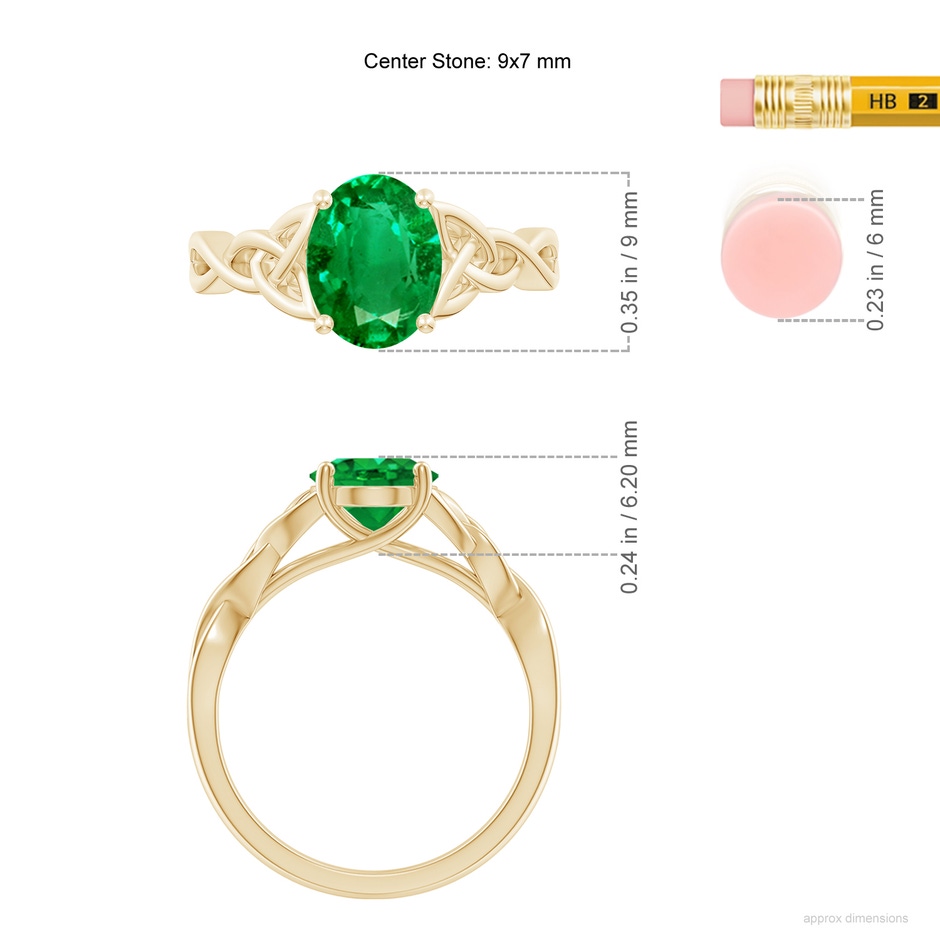 9x7mm AAA Oval Emerald Celtic Knot Engagement Ring in Yellow Gold ruler