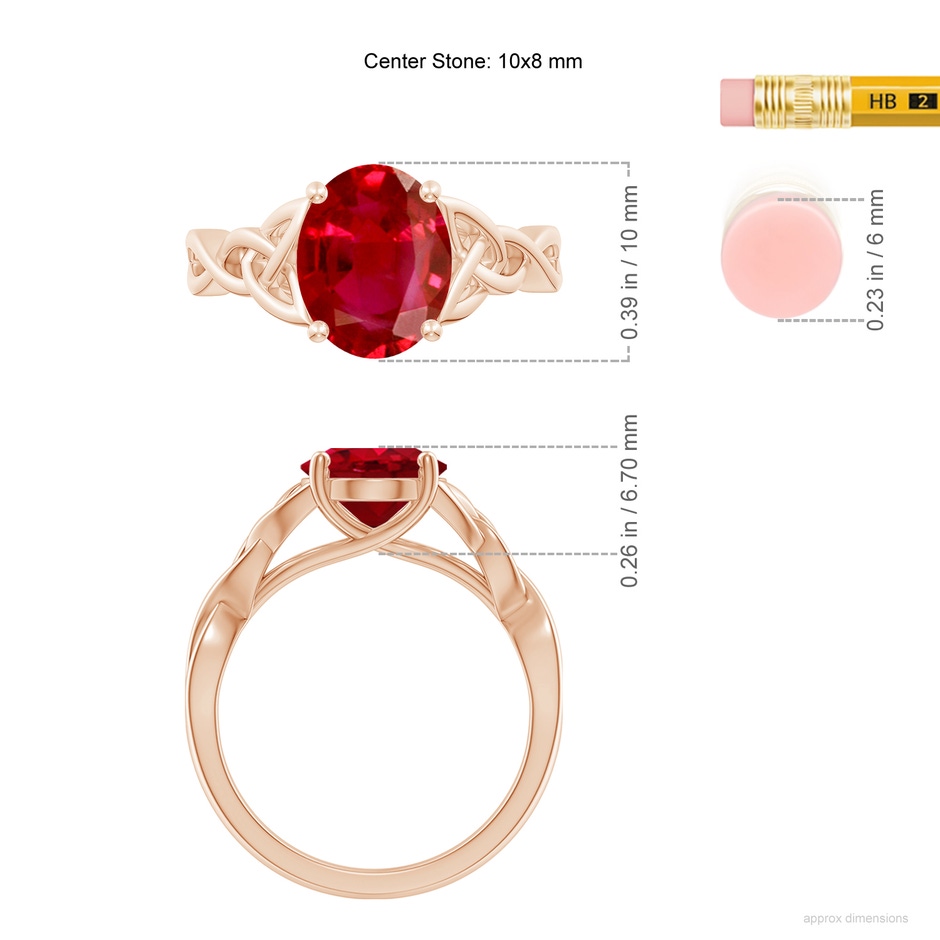 10x8mm AAA Oval Ruby Celtic Knot Engagement Ring in Rose Gold ruler