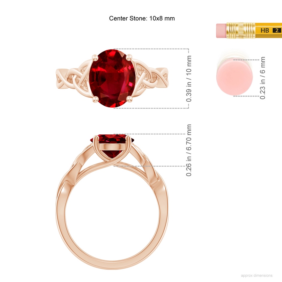 10x8mm AAAA Oval Ruby Celtic Knot Engagement Ring in Rose Gold ruler