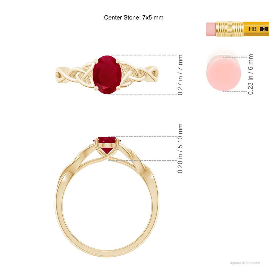 7x5mm AA Oval Ruby Celtic Knot Engagement Ring in Yellow Gold ruler