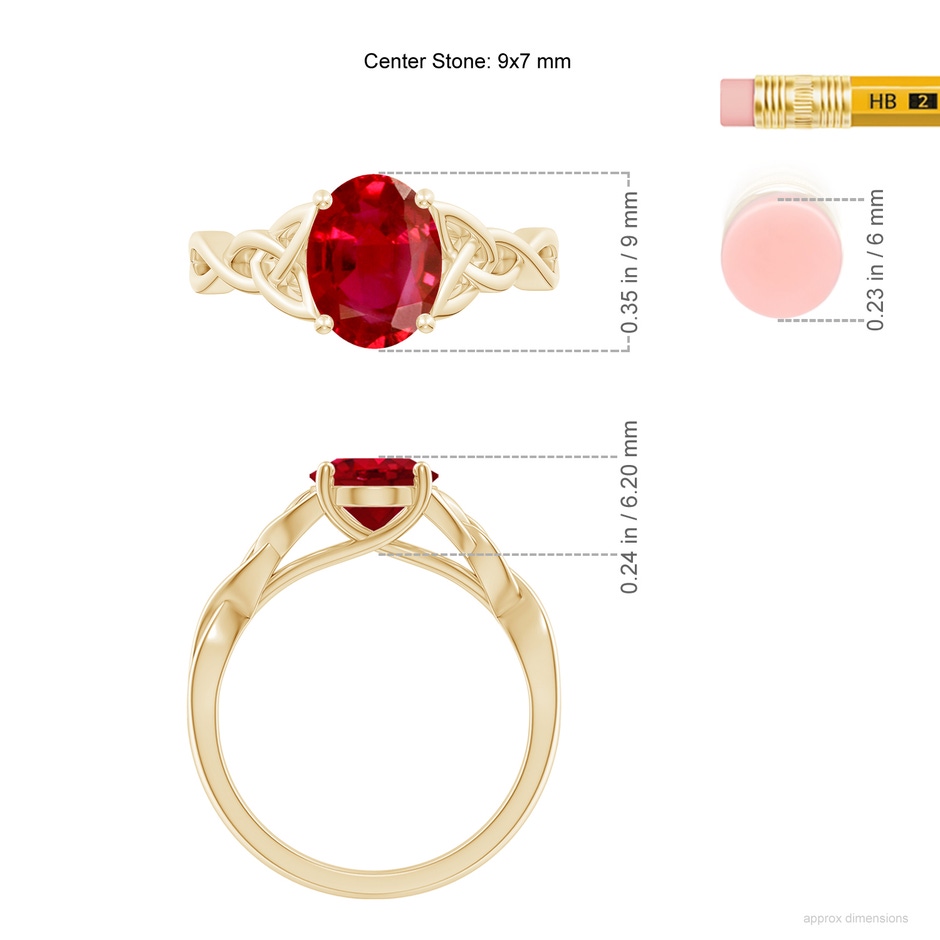 9x7mm AAA Oval Ruby Celtic Knot Engagement Ring in Yellow Gold ruler