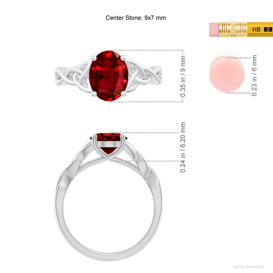 9x7mm AAAA Oval Ruby Celtic Knot Engagement Ring in White Gold ruler