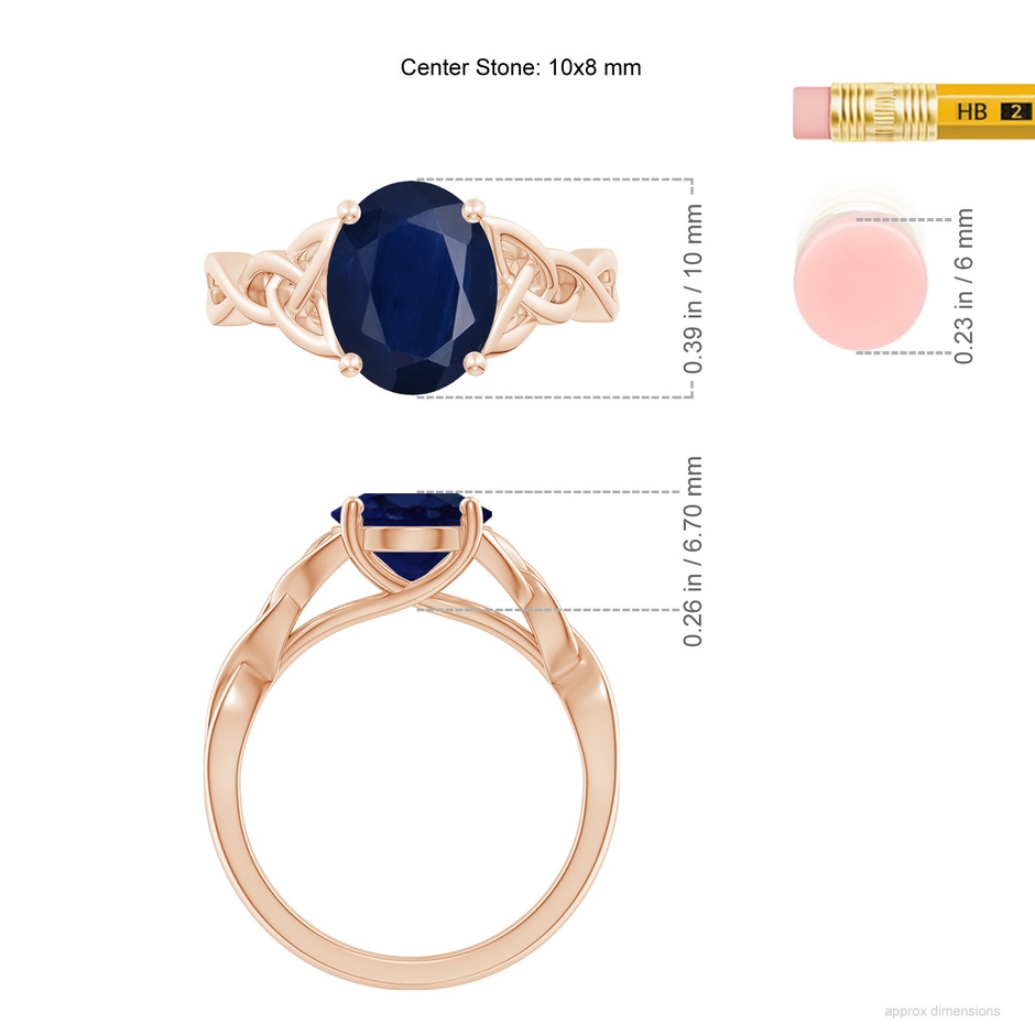 10x8mm A Oval Blue Sapphire Celtic Knot Engagement Ring in Rose Gold ruler