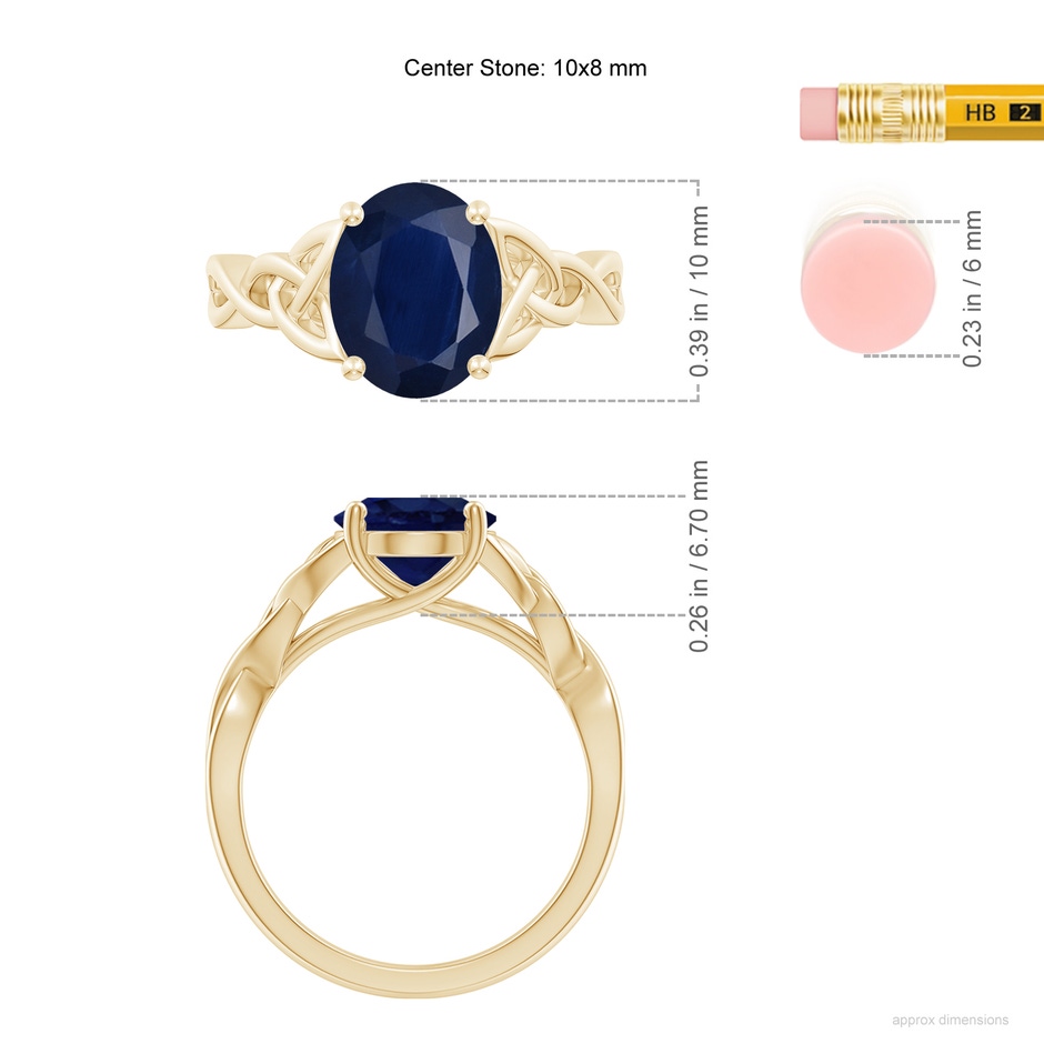 10x8mm A Oval Blue Sapphire Celtic Knot Engagement Ring in Yellow Gold ruler