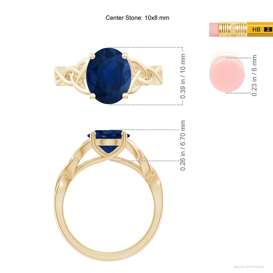 10x8mm AA Oval Blue Sapphire Celtic Knot Engagement Ring in Yellow Gold ruler