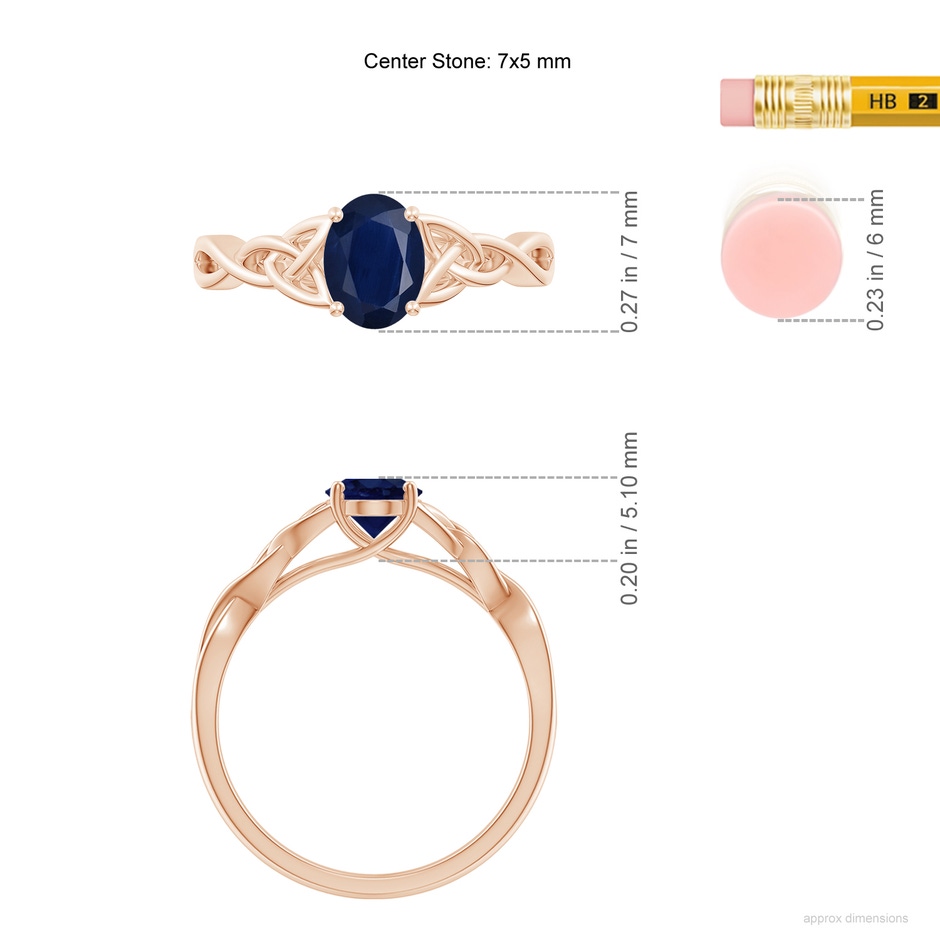 7x5mm A Oval Blue Sapphire Celtic Knot Engagement Ring in Rose Gold ruler