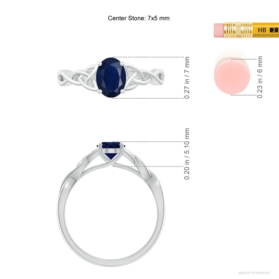 7x5mm A Oval Blue Sapphire Celtic Knot Engagement Ring in White Gold ruler