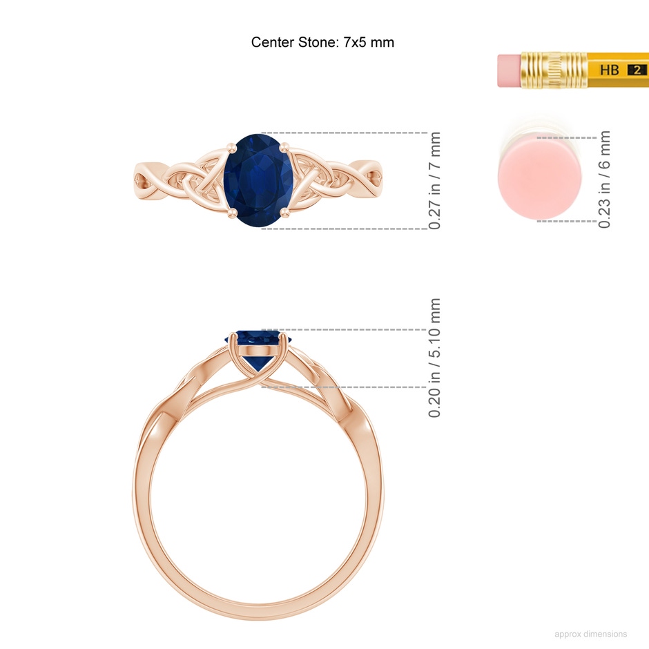 7x5mm AA Oval Blue Sapphire Celtic Knot Engagement Ring in Rose Gold ruler