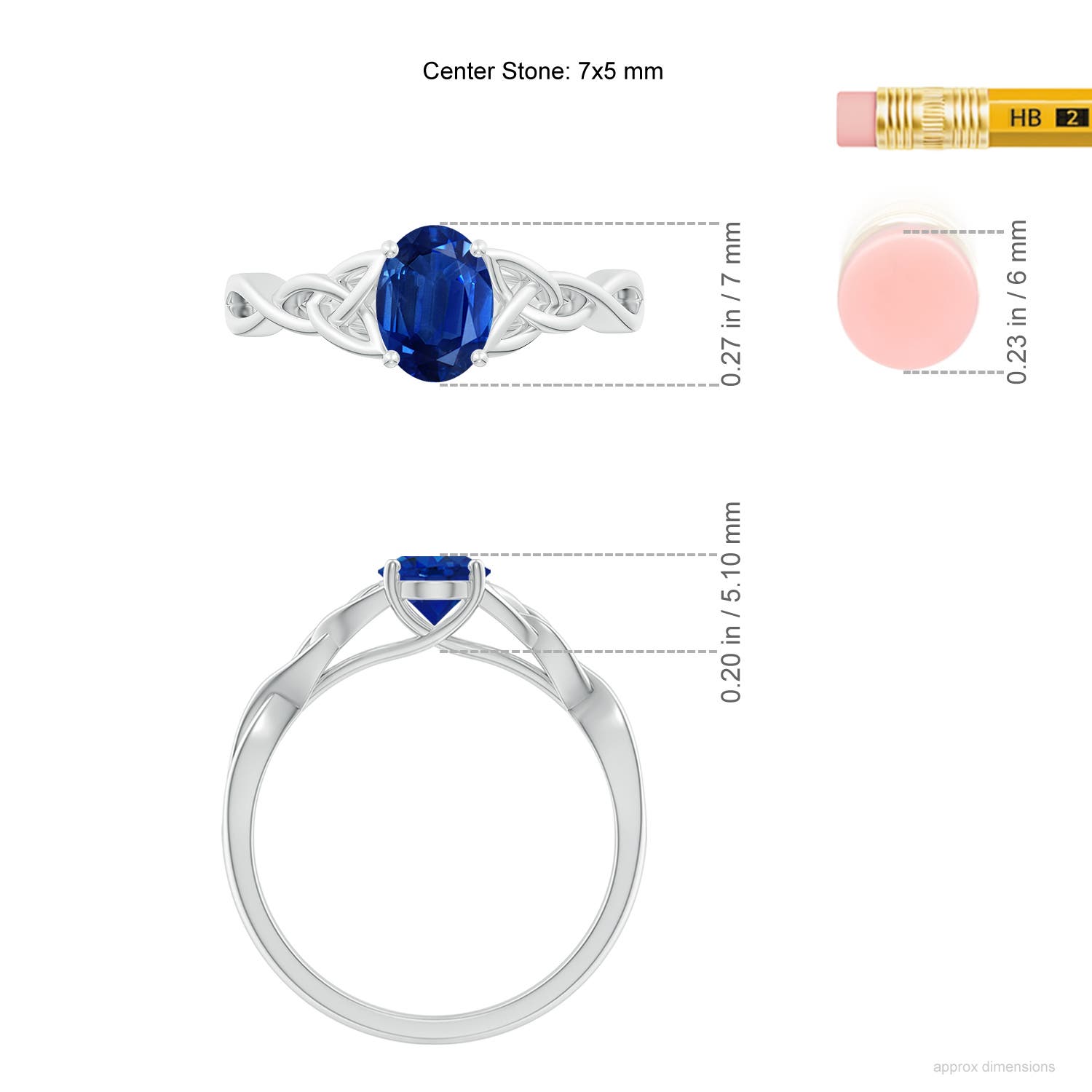 7x5mm AAA Oval Blue Sapphire Celtic Knot Engagement Ring in White Gold - ruler