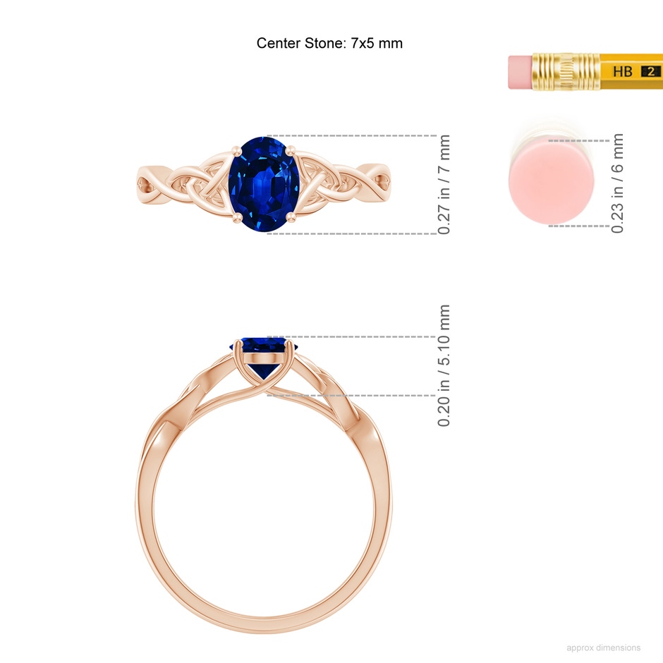 7x5mm AAAA Oval Blue Sapphire Celtic Knot Engagement Ring in Rose Gold ruler