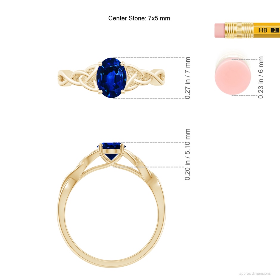 7x5mm AAAA Oval Blue Sapphire Celtic Knot Engagement Ring in Yellow Gold ruler