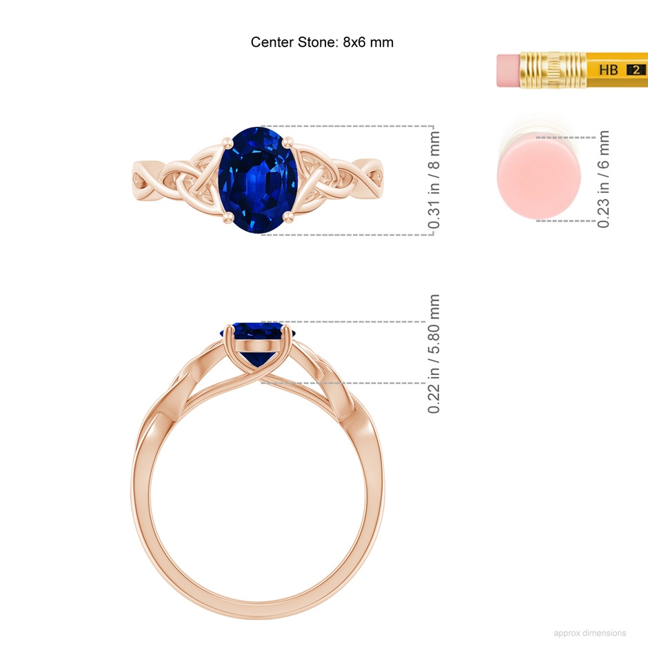 8x6mm AAAA Oval Blue Sapphire Celtic Knot Engagement Ring in Rose Gold ruler