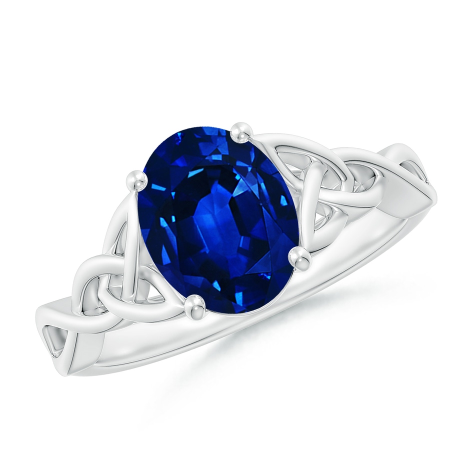 9x7mm Lab-Grown Oval Blue Sapphire Celtic Knot Engagement Ring in 18K White Gold 