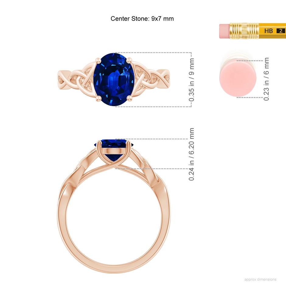 9x7mm AAAA Oval Blue Sapphire Celtic Knot Engagement Ring in Rose Gold ruler