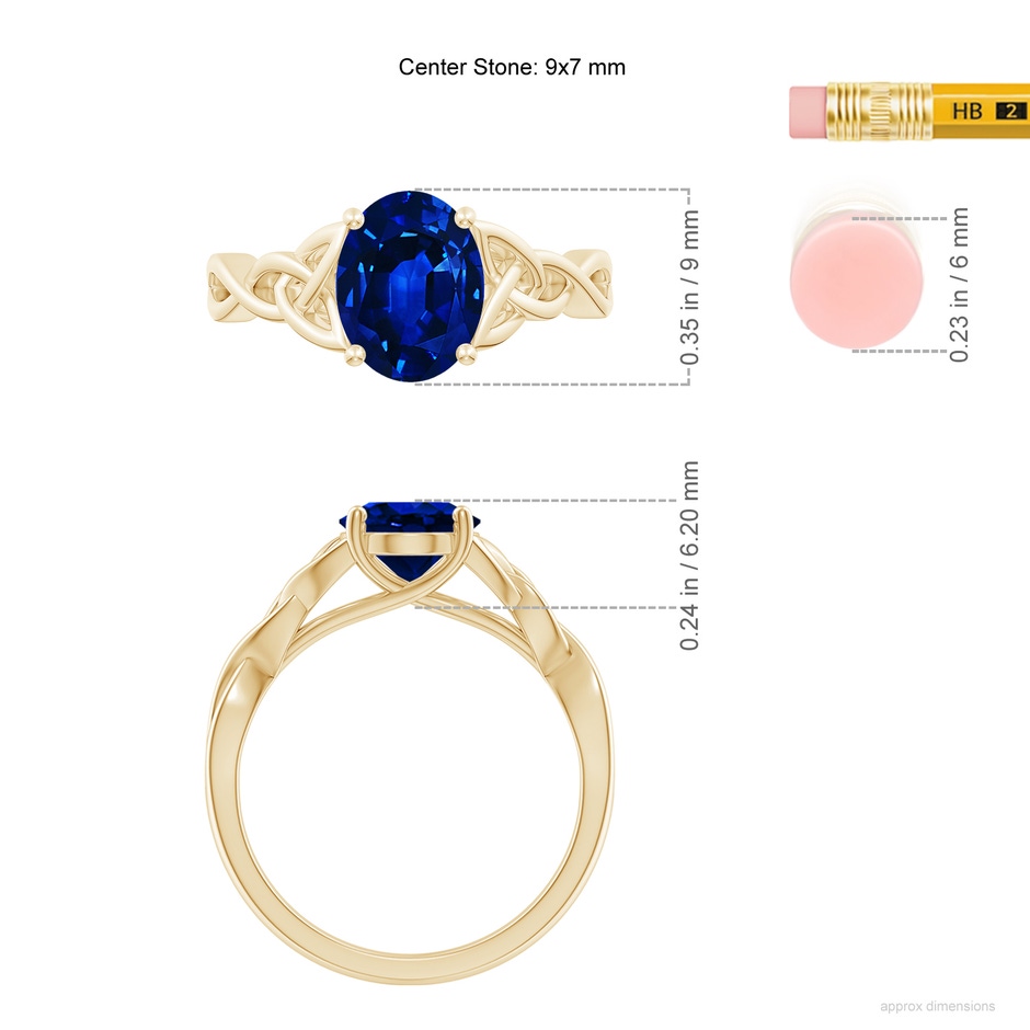 9x7mm AAAA Oval Blue Sapphire Celtic Knot Engagement Ring in Yellow Gold ruler