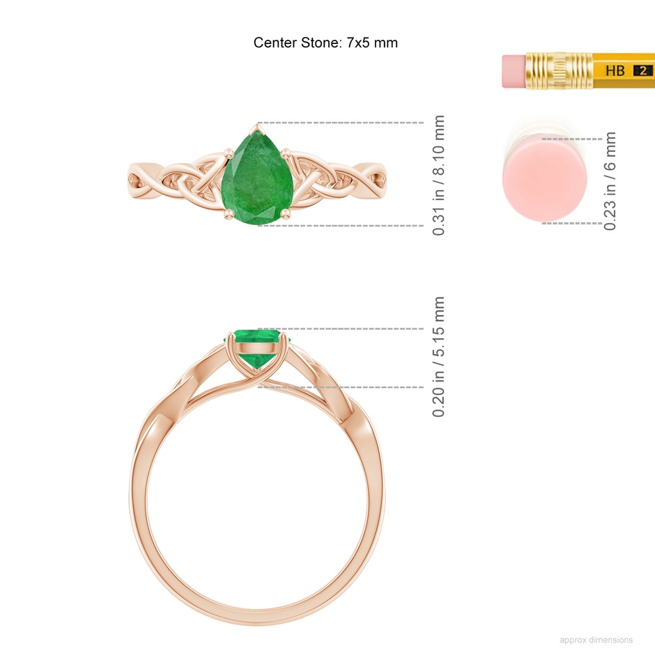 7x5mm A Pear-Shaped Emerald Celtic Knot Engagement Ring in Rose Gold ruler