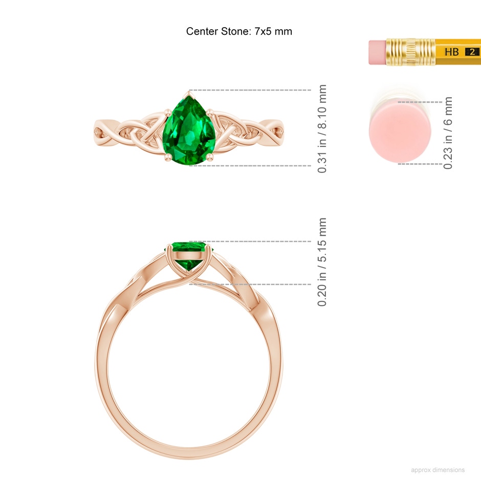 7x5mm AAAA Pear-Shaped Emerald Celtic Knot Engagement Ring in Rose Gold ruler