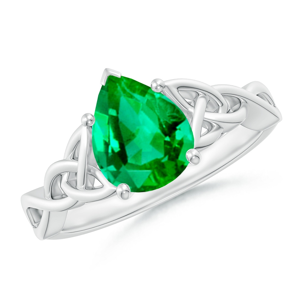 9x7mm AAA Pear-Shaped Emerald Celtic Knot Engagement Ring in White Gold