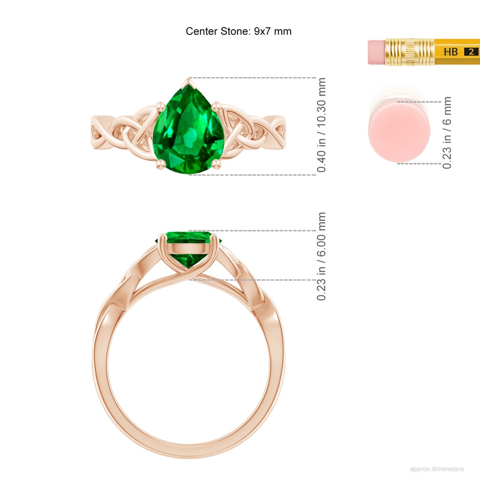 9x7mm AAAA Pear-Shaped Emerald Celtic Knot Engagement Ring in 18K Rose Gold ruler