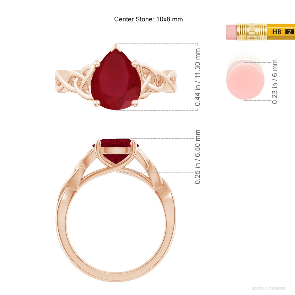 10x8mm AA Pear-Shaped Ruby Celtic Knot Engagement Ring in Rose Gold ruler