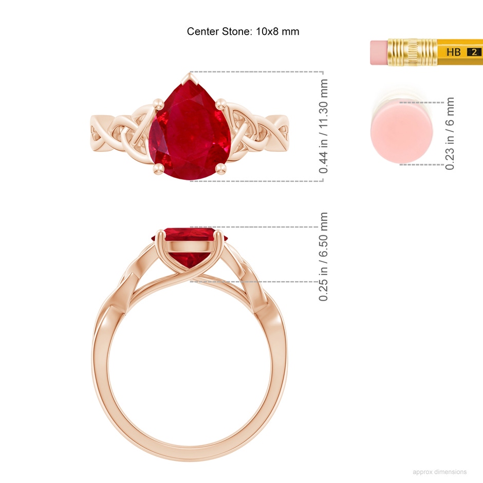 10x8mm AAA Pear-Shaped Ruby Celtic Knot Engagement Ring in Rose Gold ruler