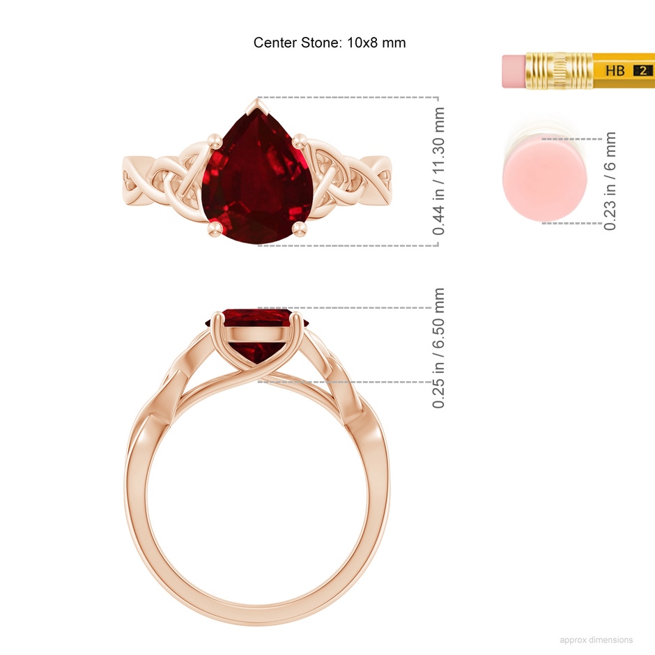 10x8mm AAAA Pear-Shaped Ruby Celtic Knot Engagement Ring in Rose Gold ruler