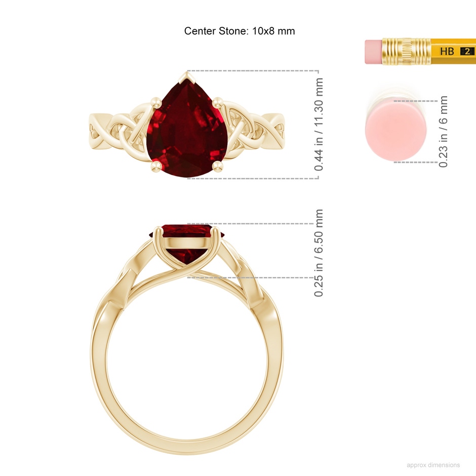 10x8mm AAAA Pear-Shaped Ruby Celtic Knot Engagement Ring in Yellow Gold ruler