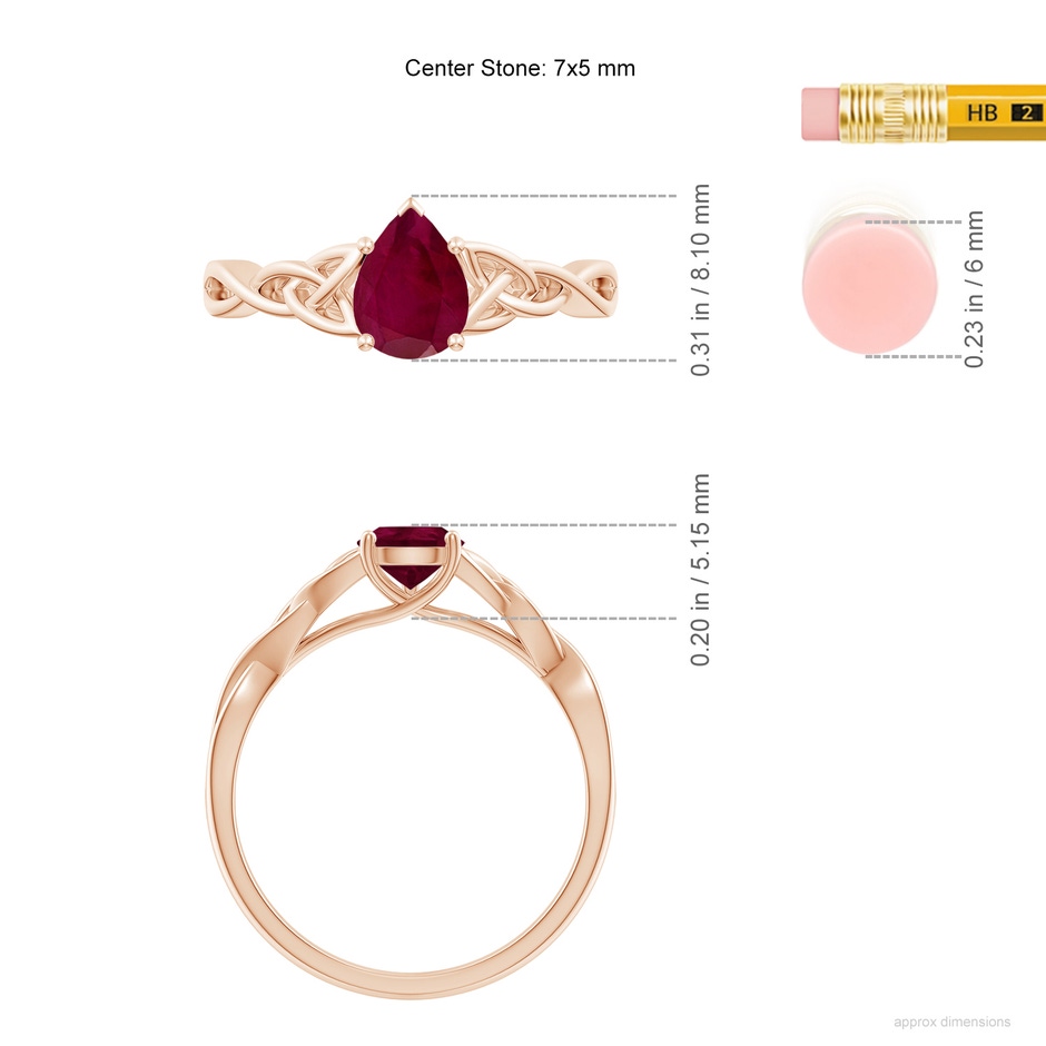 7x5mm A Pear-Shaped Ruby Celtic Knot Engagement Ring in Rose Gold ruler