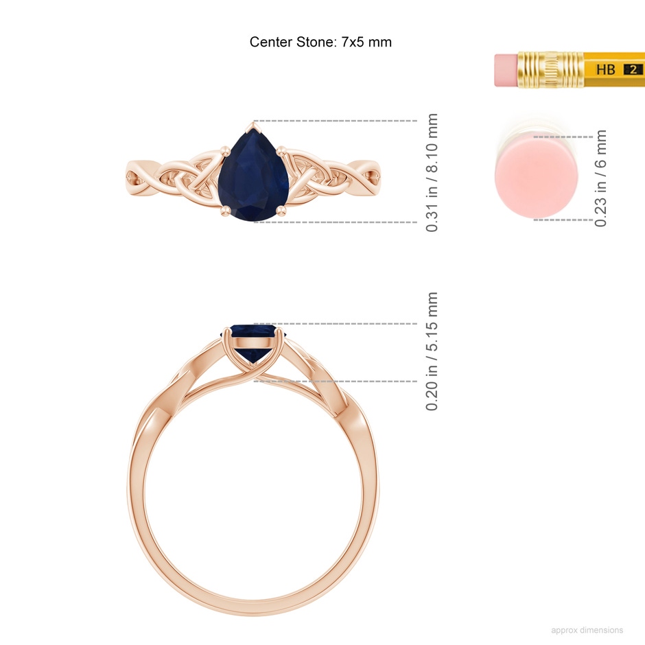 7x5mm A Pear-Shaped Blue Sapphire Celtic Knot Engagement Ring in Rose Gold ruler