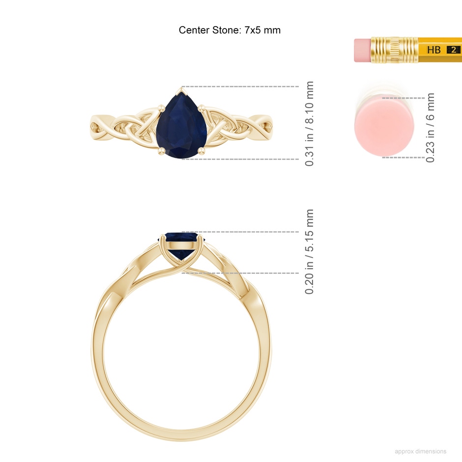 7x5mm A Pear-Shaped Blue Sapphire Celtic Knot Engagement Ring in Yellow Gold ruler