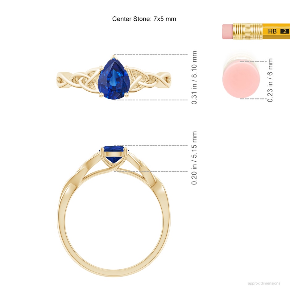 7x5mm AAA Pear-Shaped Blue Sapphire Celtic Knot Engagement Ring in Yellow Gold ruler