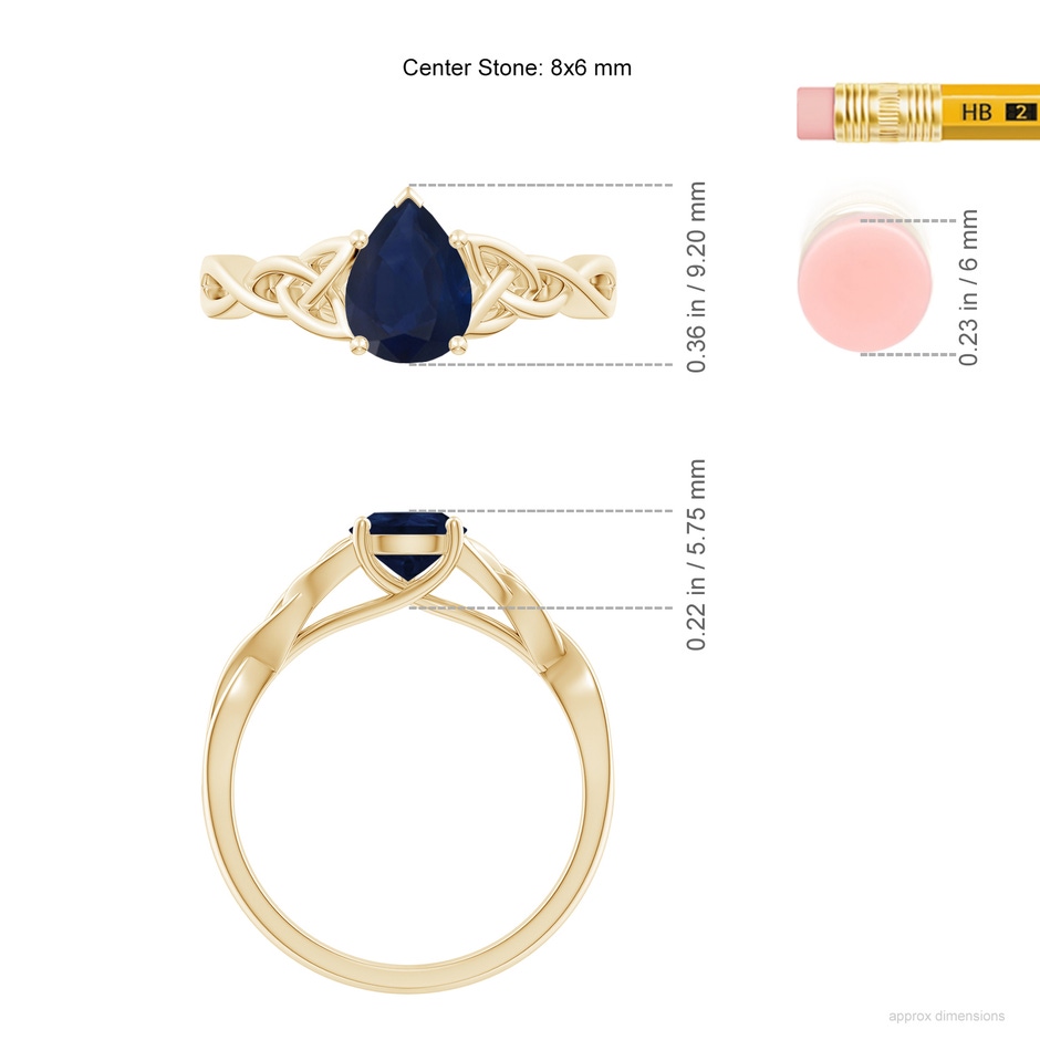 8x6mm A Pear-Shaped Blue Sapphire Celtic Knot Engagement Ring in Yellow Gold ruler