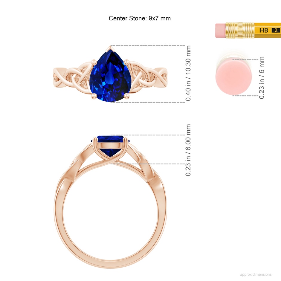 9x7mm AAAA Pear-Shaped Blue Sapphire Celtic Knot Engagement Ring in Rose Gold ruler