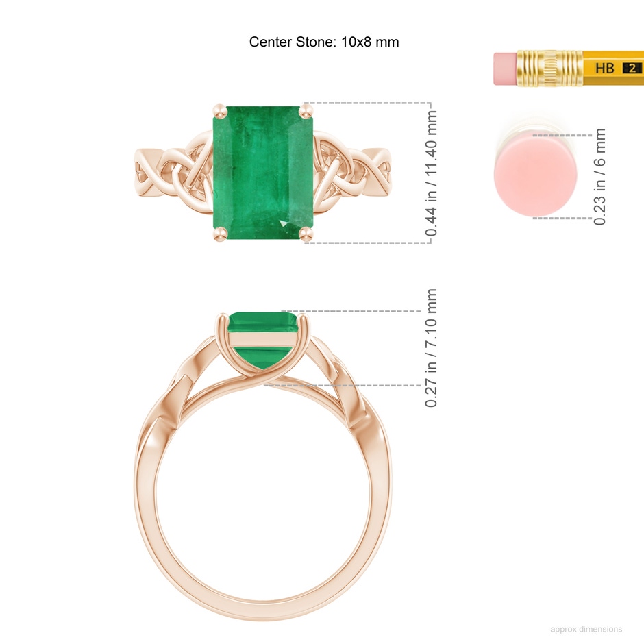 10x8mm A Emerald-Cut Emerald Celtic Knot Engagement Ring in Rose Gold ruler