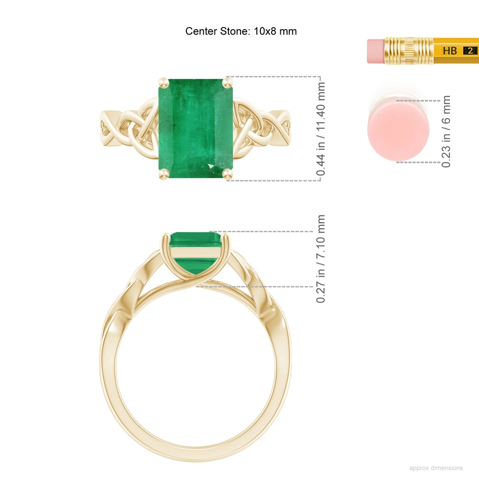 10x8mm A Emerald-Cut Emerald Celtic Knot Engagement Ring in Yellow Gold ruler