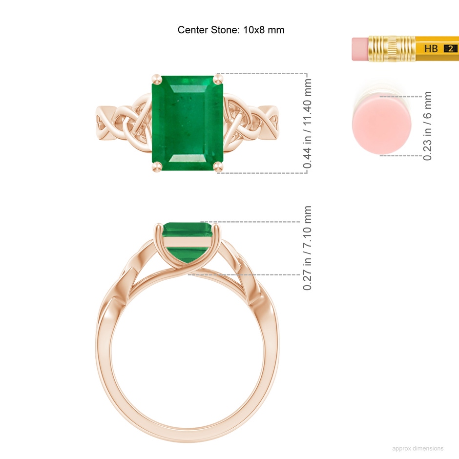 10x8mm AA Emerald-Cut Emerald Celtic Knot Engagement Ring in 18K Rose Gold ruler