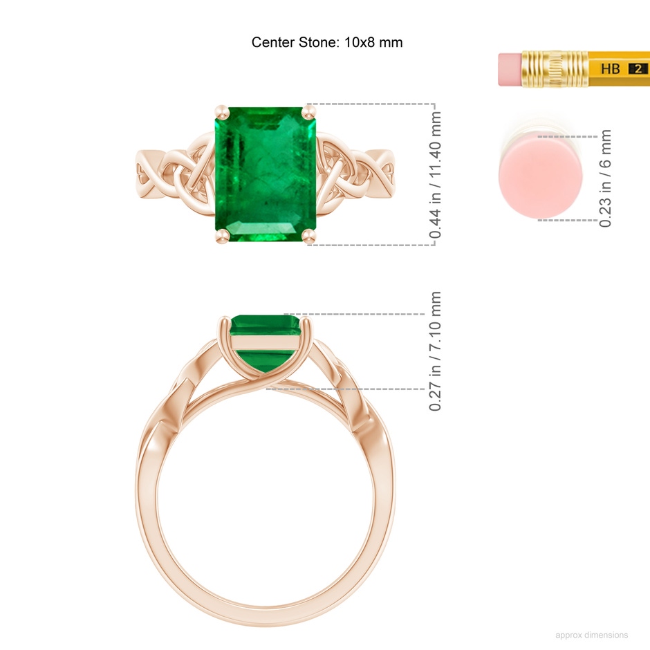 10x8mm AAA Emerald-Cut Emerald Celtic Knot Engagement Ring in Rose Gold ruler