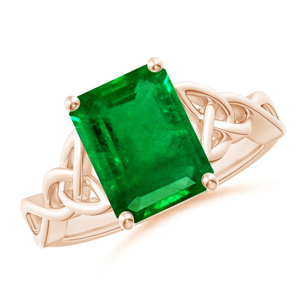 10x8mm AAAA Emerald-Cut Emerald Celtic Knot Engagement Ring in Rose Gold