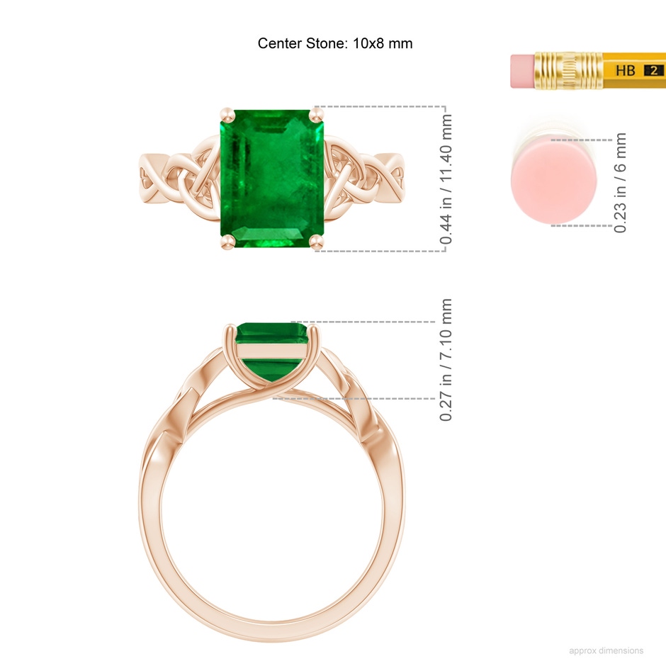 10x8mm AAAA Emerald-Cut Emerald Celtic Knot Engagement Ring in Rose Gold ruler