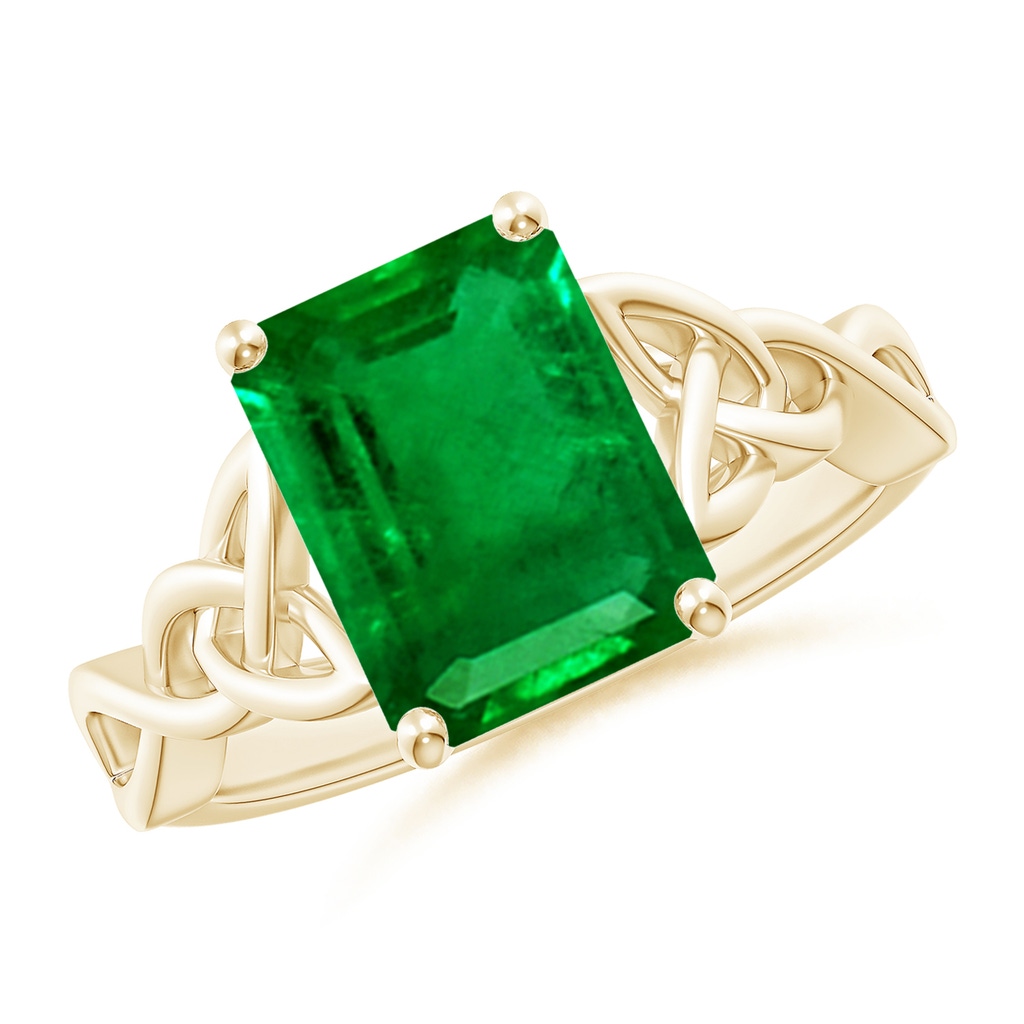 10x8mm AAAA Emerald-Cut Emerald Celtic Knot Engagement Ring in Yellow Gold