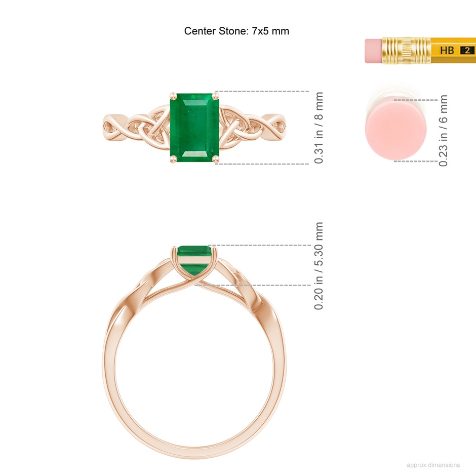 7x5mm AA Emerald-Cut Emerald Celtic Knot Engagement Ring in Rose Gold ruler
