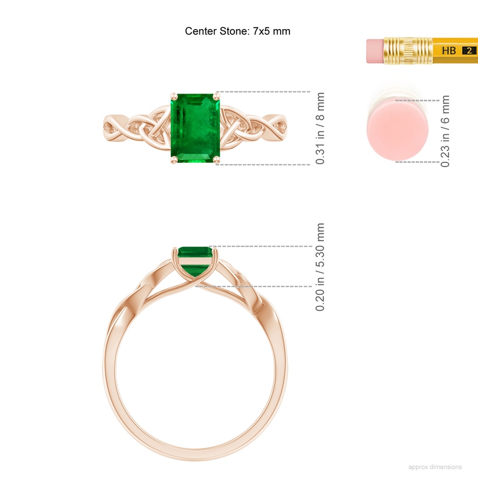 7x5mm AAAA Emerald-Cut Emerald Celtic Knot Engagement Ring in Rose Gold ruler
